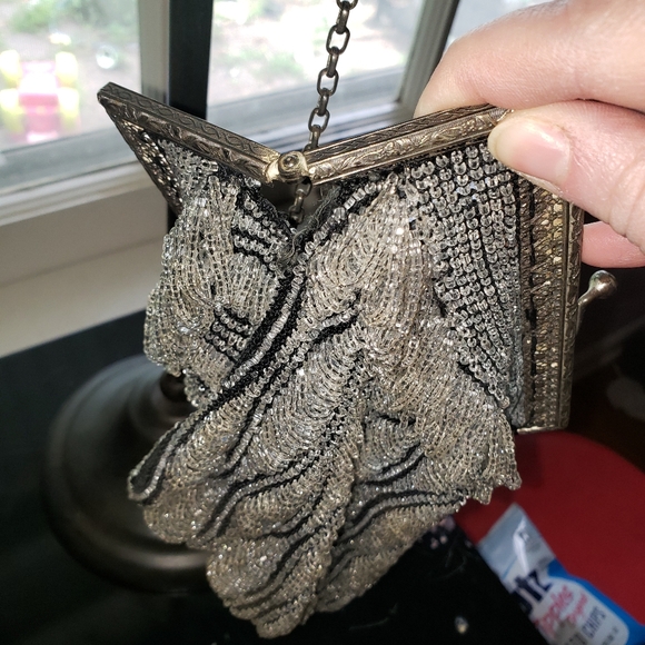 Early 1900s Antique Swag Beaded Evening Bag Crystal Clear & Black Glass Beads - Picture 3 of 13